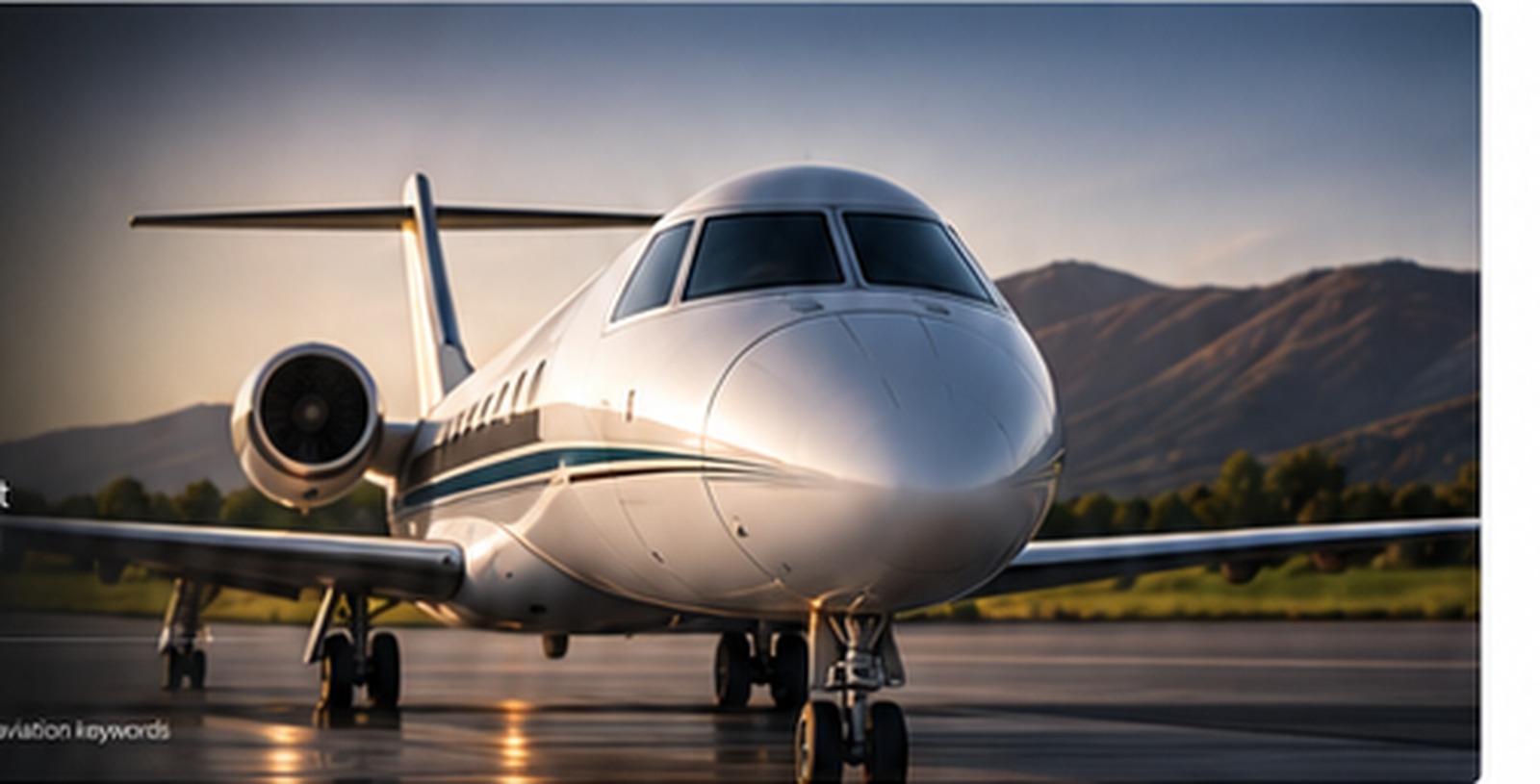Corporate private jet on the ramp at golden hour