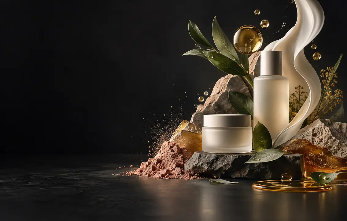 Premium skincare ingredients arranged as a sculptural sensory landscape