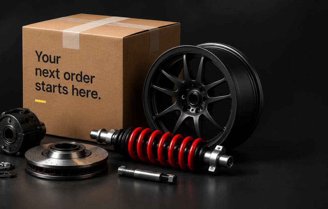eCommerce product stack with shipping box, alloy wheel, brake rotor, hub, and red coilover suspension