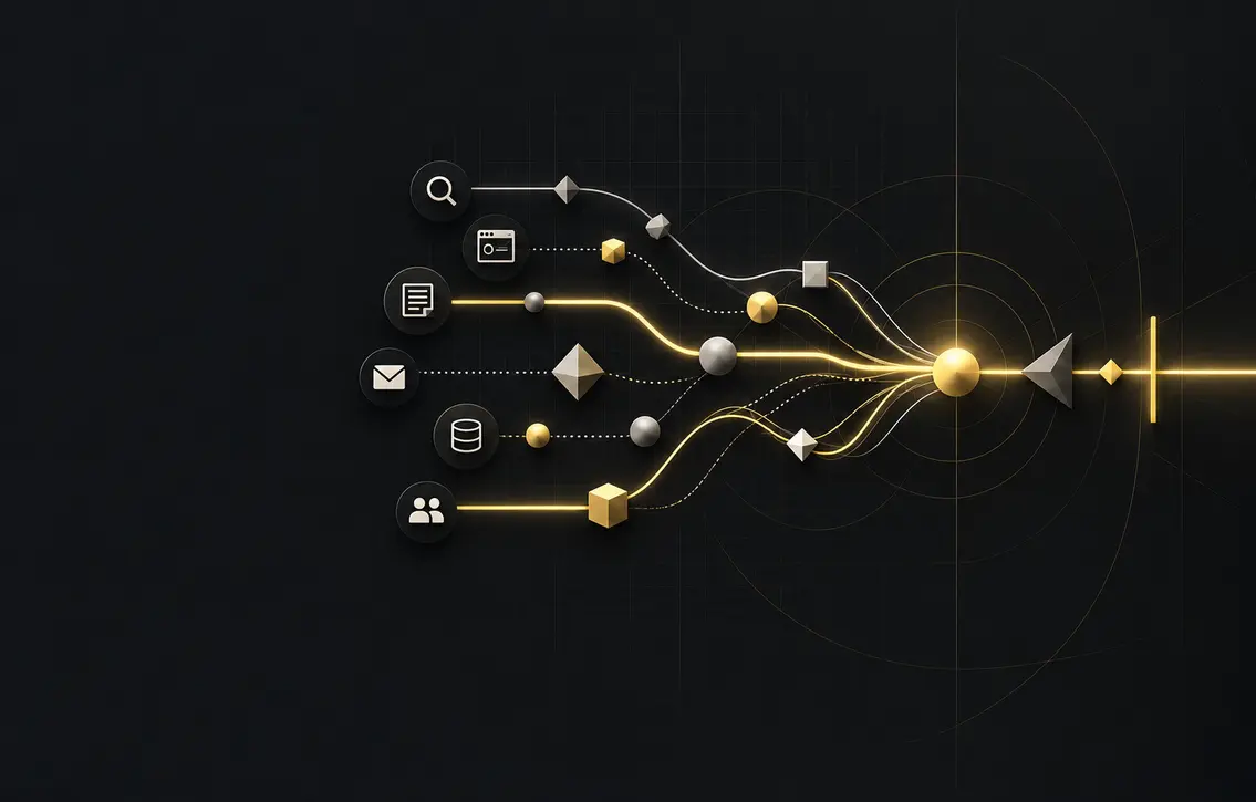 Connected customer journey channels converging into one coordinated marketing system