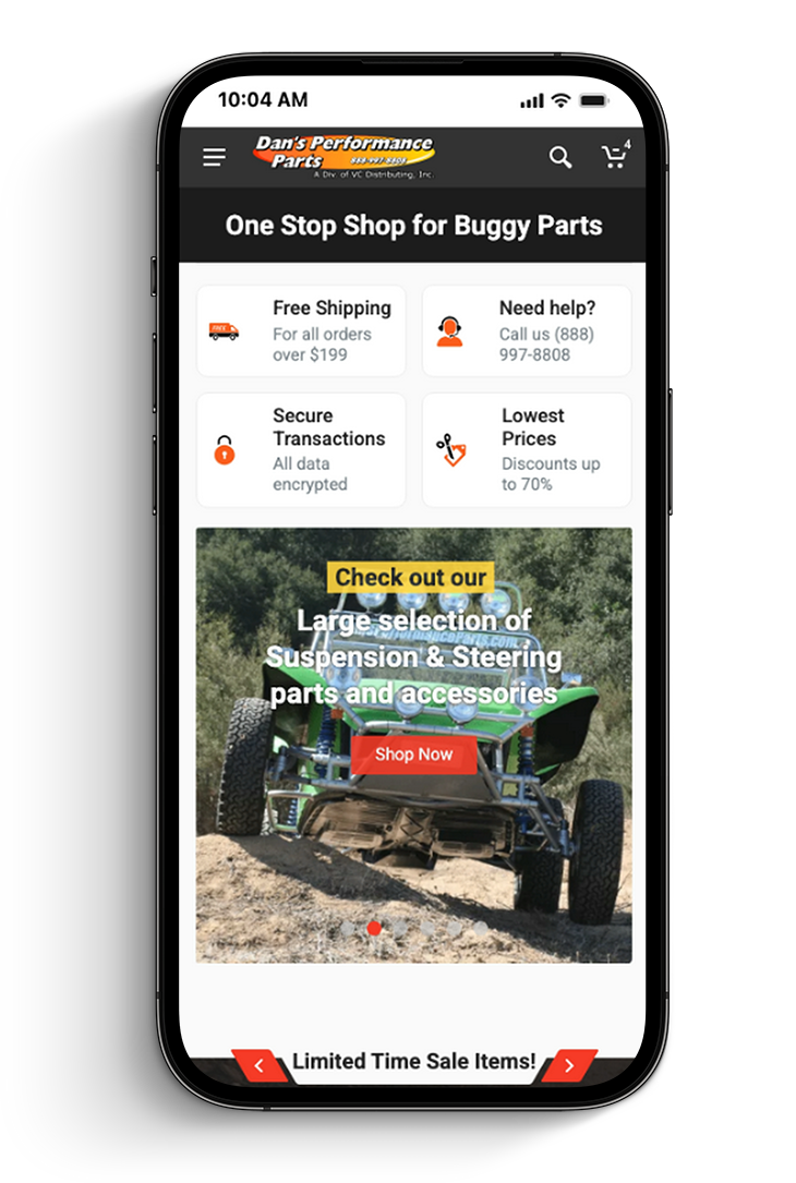 Dan's Performance Parts ecommerce website on a phone