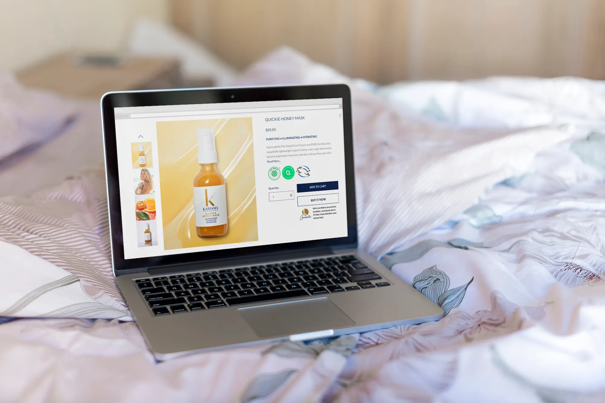 Karisma Skincare ecommerce website displayed on a laptop