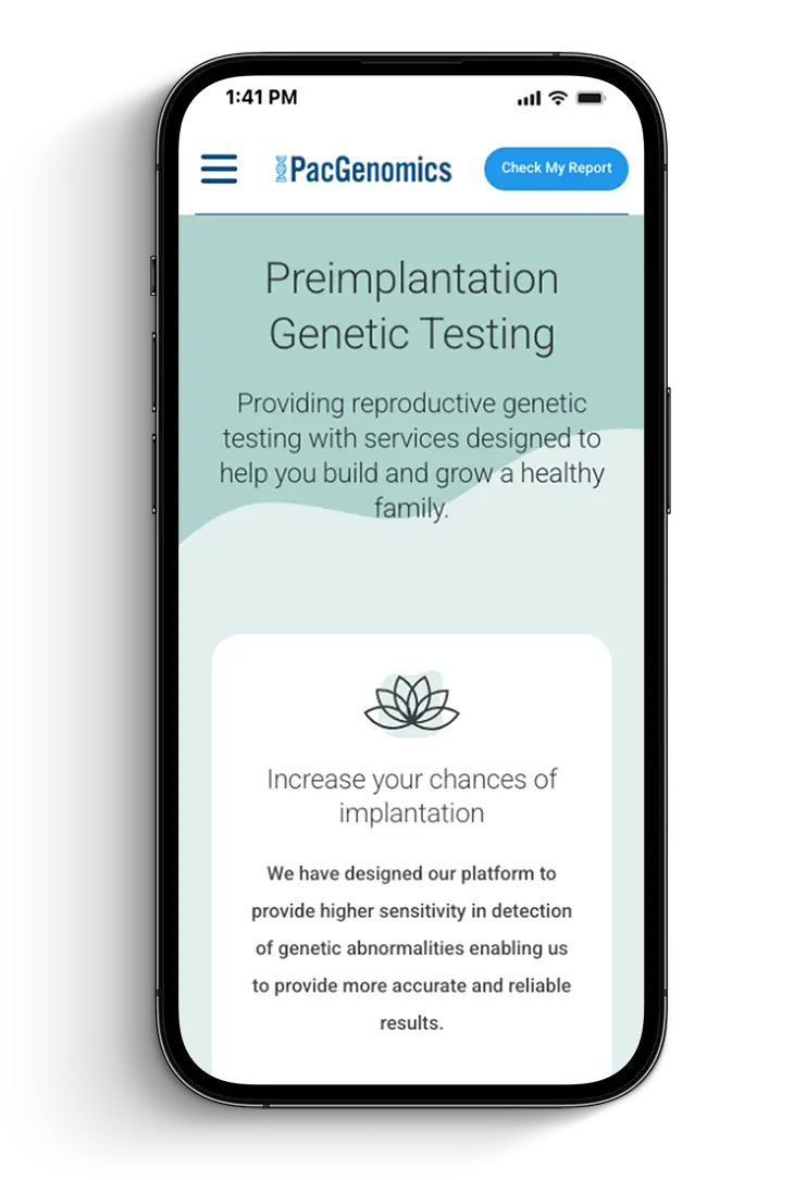PacGenomics mobile preimplantation genetic testing page