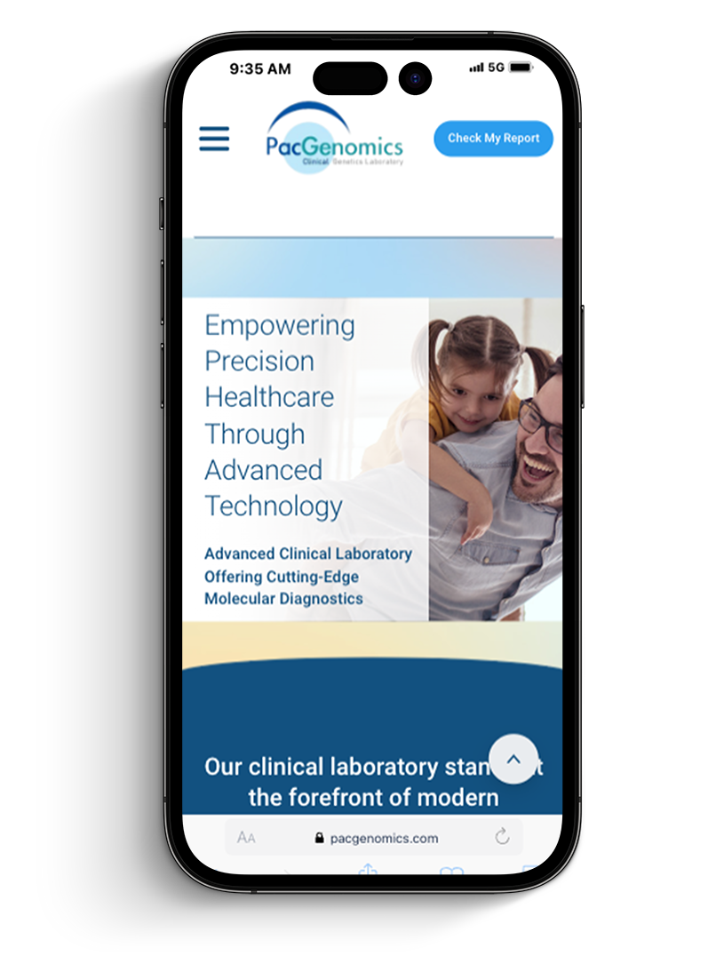 PacGenomics website shown on an iPhone