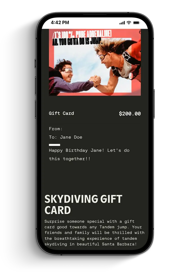 Skydive Santa Barbara mobile gift-card experience