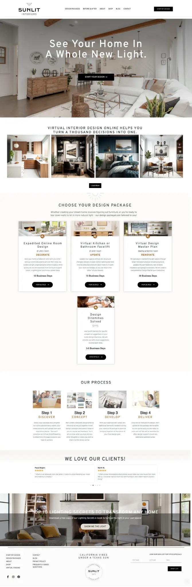 Sunlit Interiors website experience showing the homepage, design packages, process, testimonials, and inquiry content
