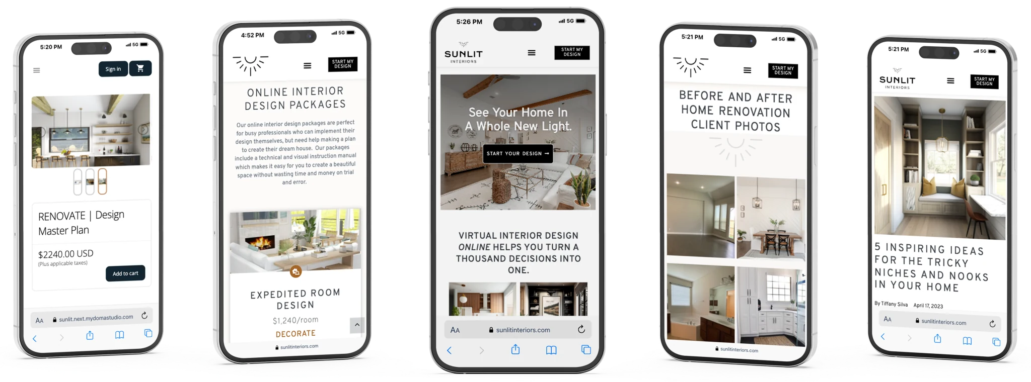 Five Sunlit Interiors mobile views showing products, design packages, the homepage, before-and-after work, and editorial content