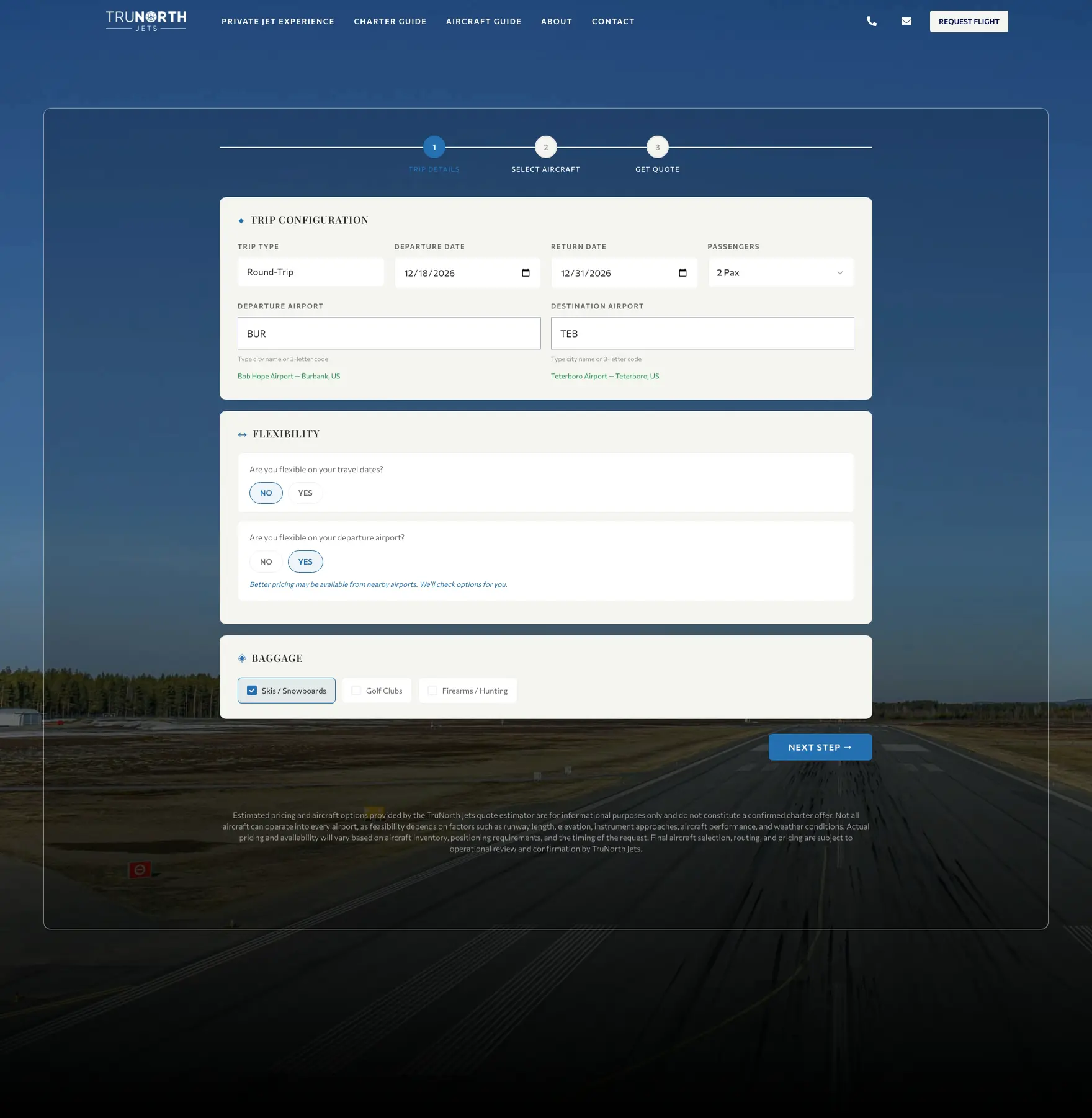 TruNorth Jets quote tool trip configuration with route, passenger, flexibility, and baggage details