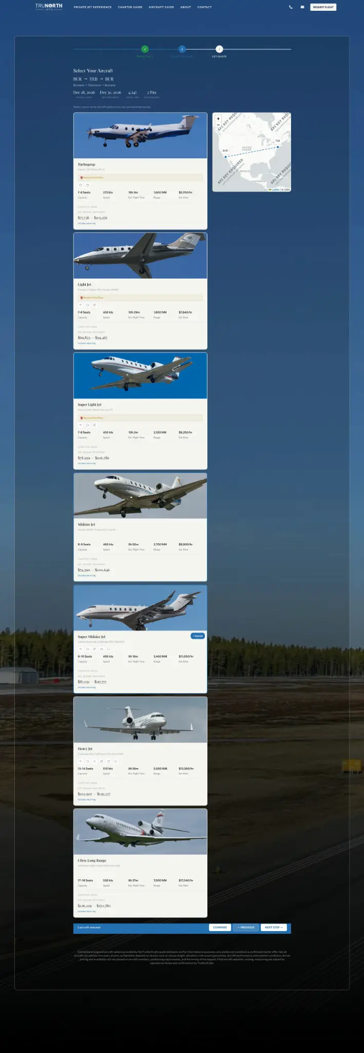 TruNorth Jets quote tool aircraft selection with recommended aircraft, specifications, route map, and estimated price ranges