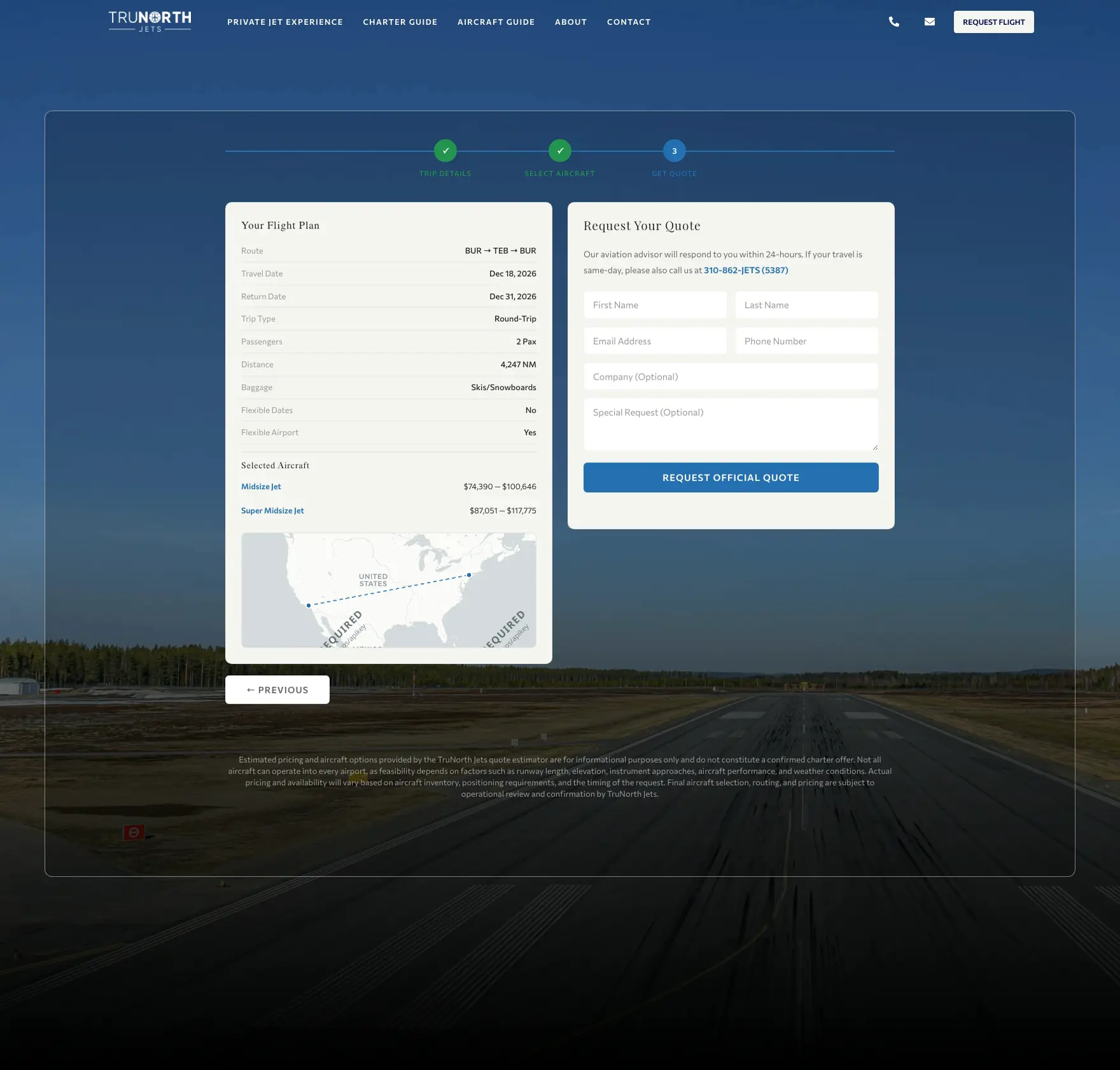 TruNorth Jets quote tool flight-plan summary and official quote request form