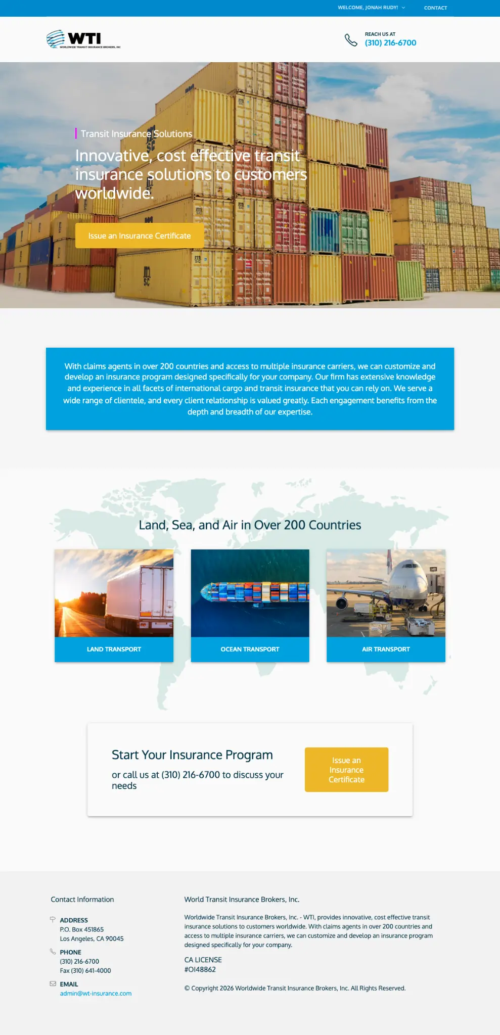 WorldWide Transit Insurance website homepage