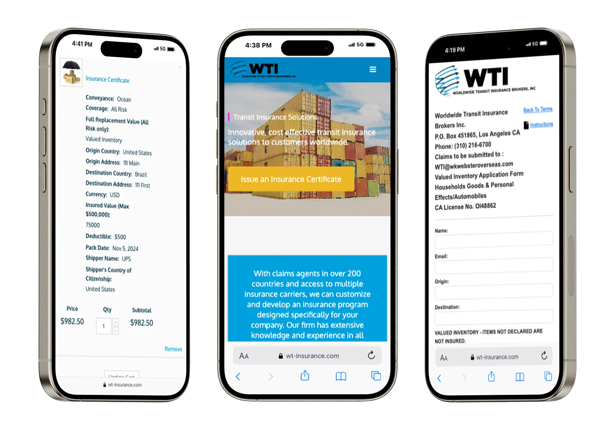 WorldWide Transit Insurance responsive website experience on iPhones